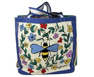 Brighton Floral Striped Bumble Bee Canvas Tote Bag Blue Cream Garden Print Large